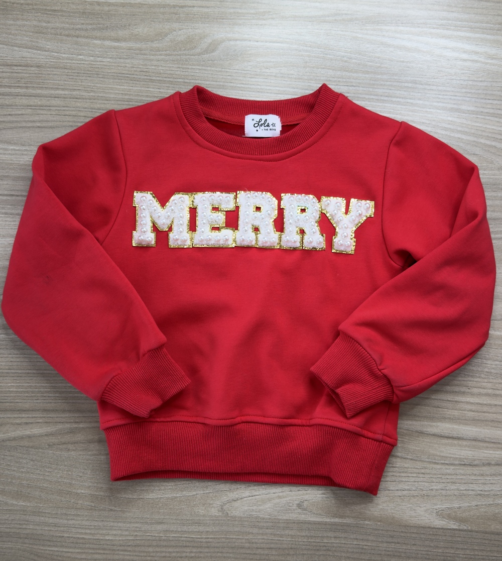 Christmas Merry Lola + The Boys Girls Sweatshirt Red Size 12 Pearl Embellished